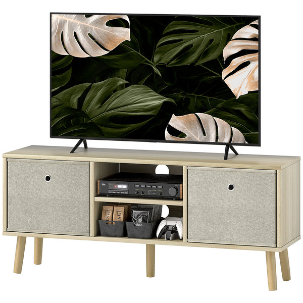 Modern TV cabinet with drawers and folding shelves, natural color
