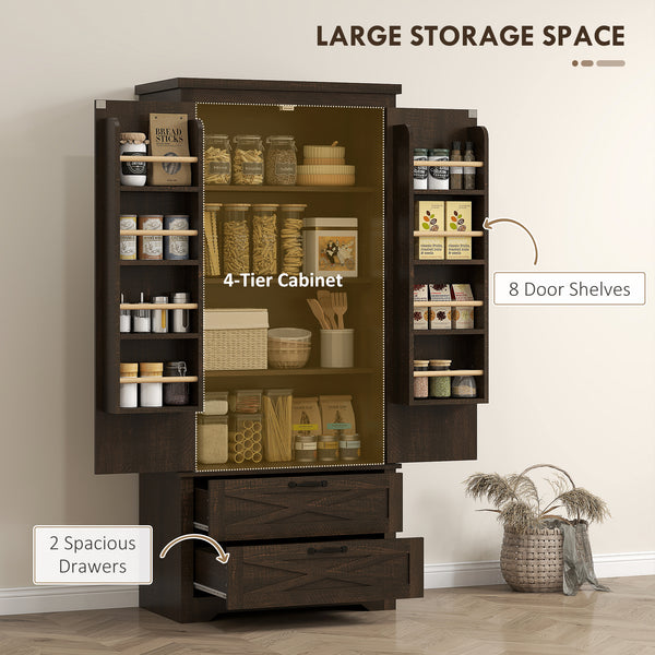 Country style pantry with drawers, distressed dark brown
