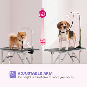 Foldable grooming table with adjustable arm and non-slip surface, black