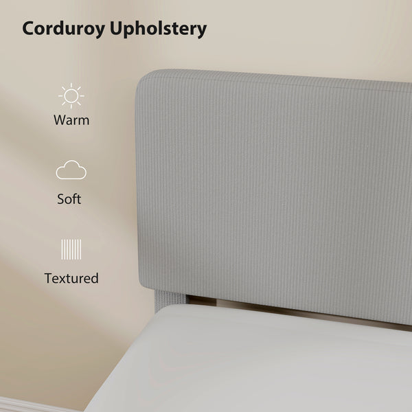 Queen size bed frame with adjustable upholstered headboard, wooden slatted base, quiet, light grey