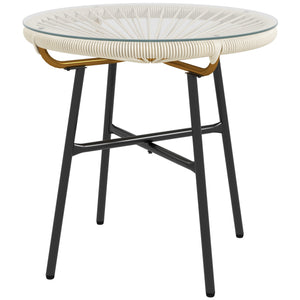 Rattan Side Table, Round Outdoor Table, with Round PE Rattan and Tempered Glass Table Top for Patio, Garden, Cream White
