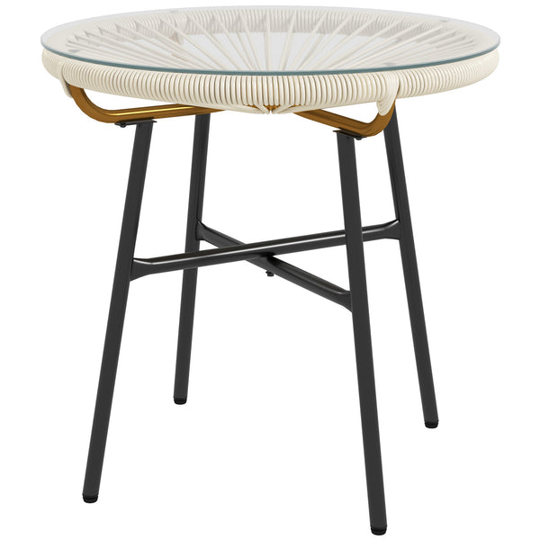 Rattan Side Table, Round Outdoor Table, with Round PE Rattan and Tempered Glass Table Top for Patio, Garden, Cream White