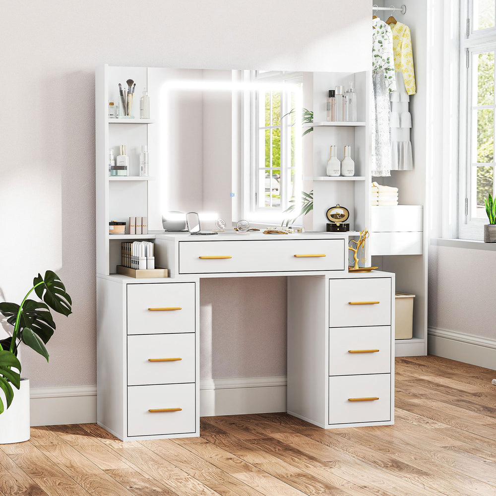 Dressing table with mirror and lighting, 7 drawers and 8 shelves, white