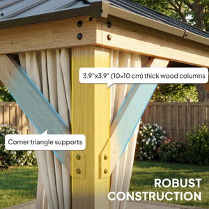 10' x 10' outdoor gazebo with double rigid steel roof, wood frame, curtains and hooks, light grey