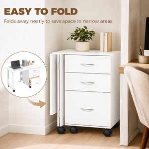 Folding desk with 3 drawers and castors, white