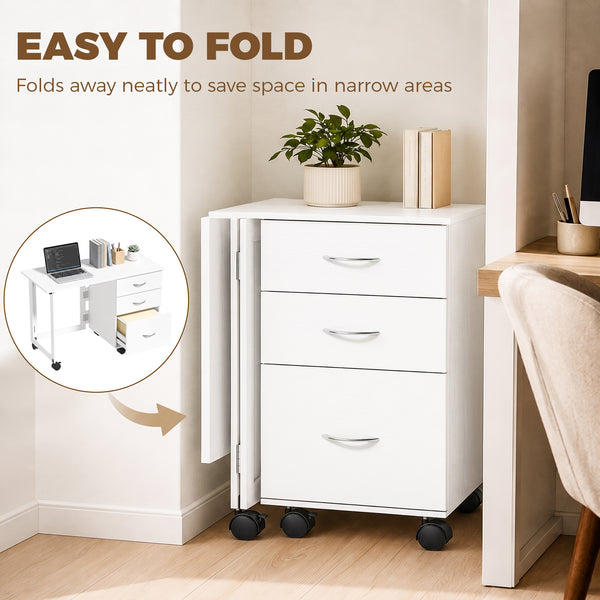 Folding desk with 3 drawers and castors, white