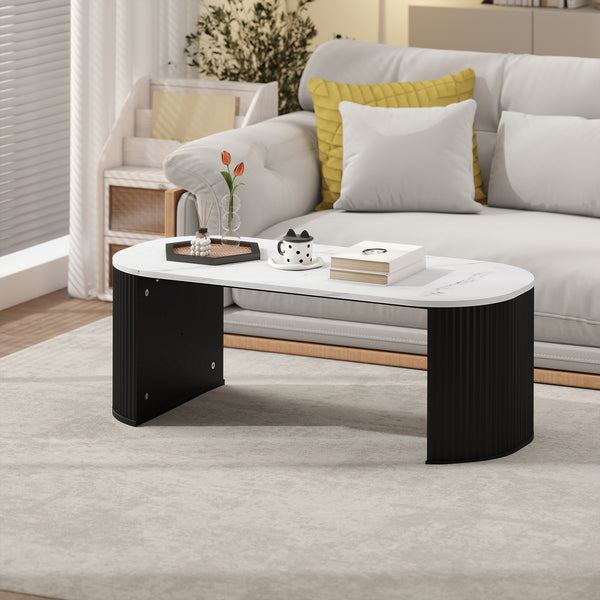 Modern marble effect coffee table with rounded corners and thick legs, black