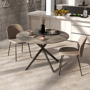 Round kitchen table for 4 people with steel legs, gray and black wood grain