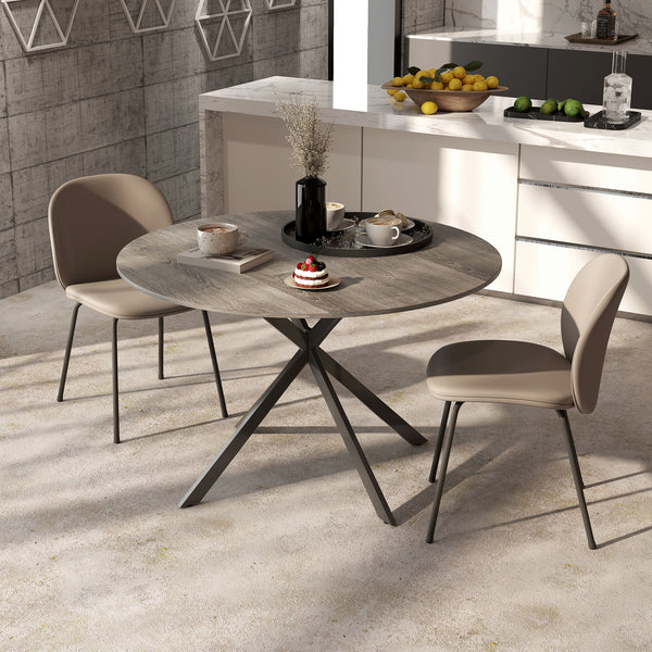 Round kitchen table for 4 people with steel legs, gray and black wood grain