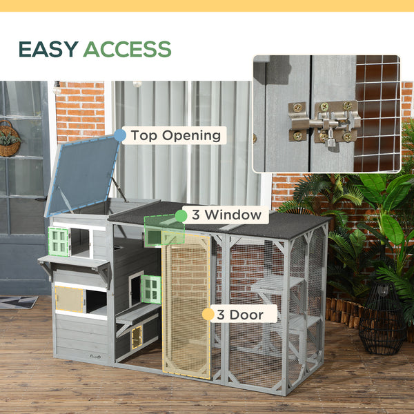 Wooden cat enclosure with asphalt roof and lockable doors, grey