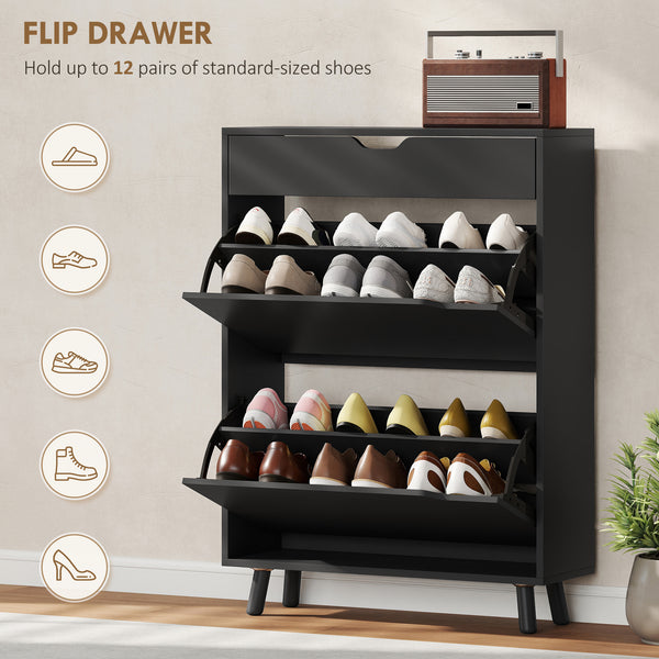 Black shoe cabinet with 2 tilt drawers and top drawer – Holds up to 12 pairs
