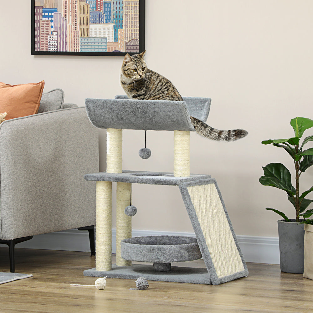Small cat tree with perch, scratching posts, mat, bed and play balls, light gray