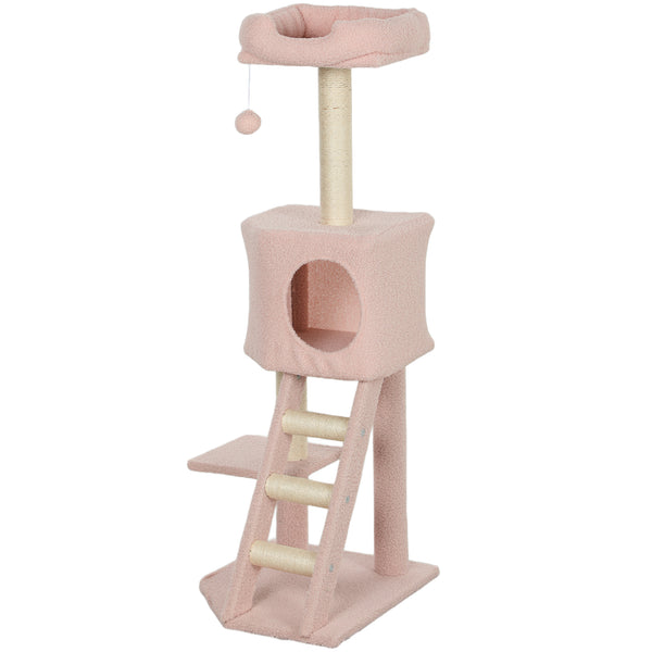 119cm high cat tree with niche, ladder, scratching posts and hanging ball, pink