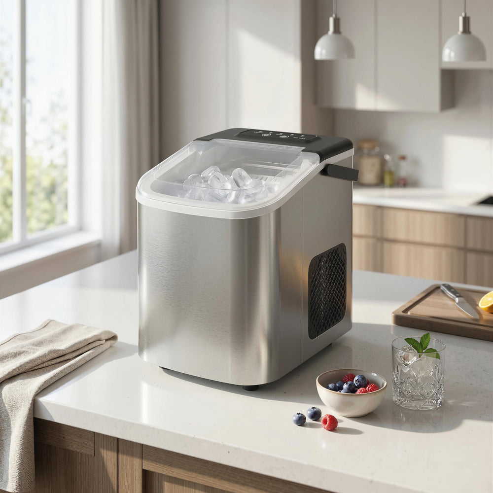 Portable self-cleaning ice maker with 2 ice sizes (bullet shape), ice scoop, silver color.