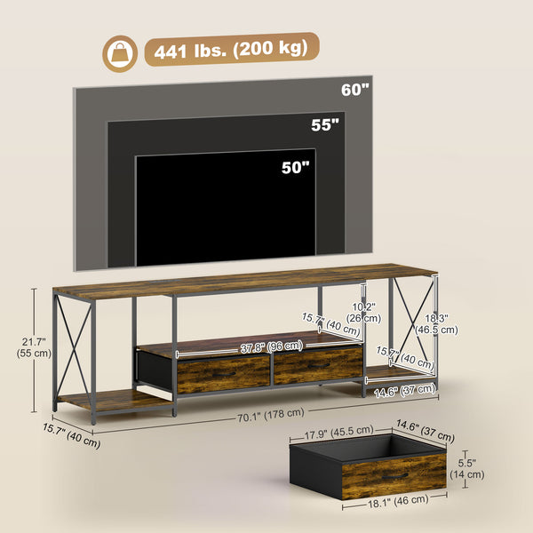 Industrial TV Stand for up to 60 Inch TV, TV Console with Charging Station and RGB LED Lights, Rustic Brown