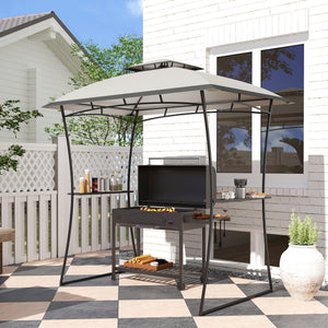 Two-tier barbecue gazebo with 2 side shelves and a hook, light grey