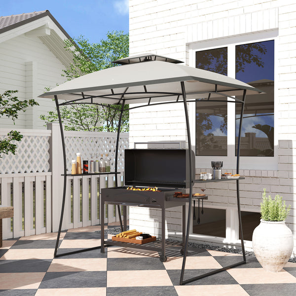 Two-tier barbecue gazebo with 2 side shelves and a hook, light grey