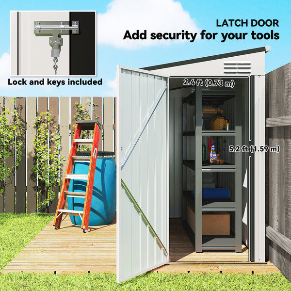 Lean-to metal garden shed with lockable door and ventilation, white