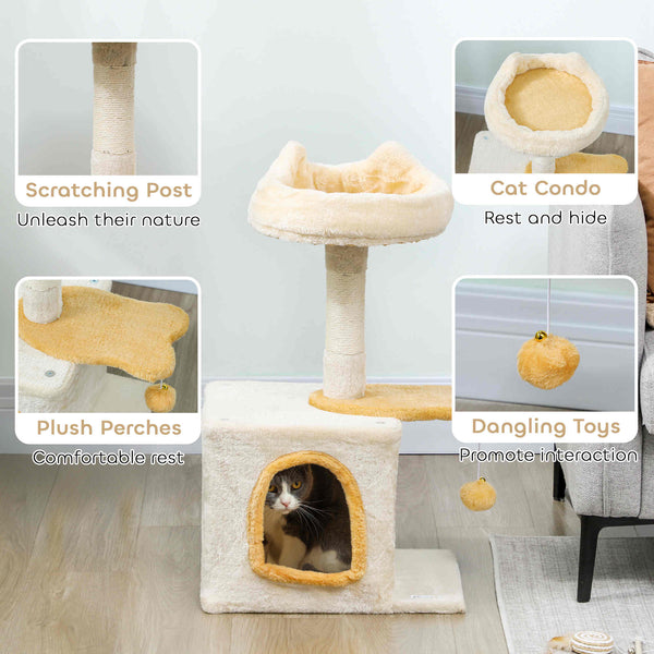 71 cm cat tree with soft bed, comfortable niche, scratching post and hanging ball, beige