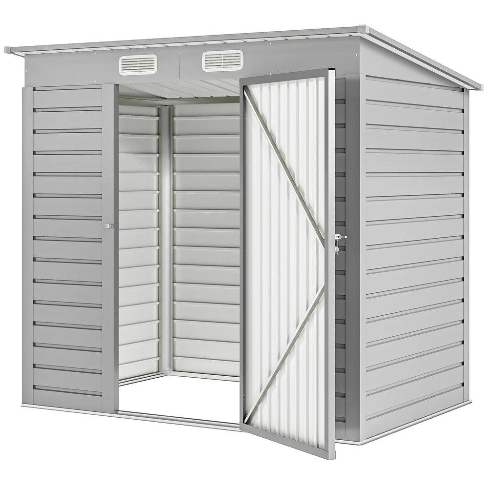 Galvanized metal garden shed with double doors and 2 vents, light grey