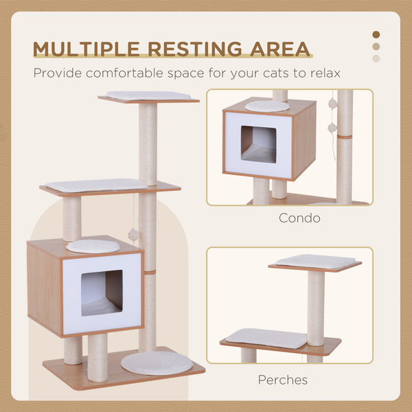 47" Wooden Cat Tree, Scratching Post, House with Cushions, Brown 