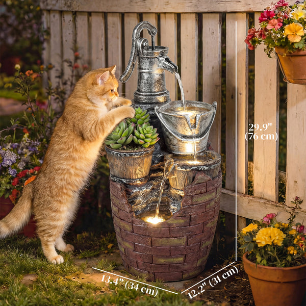 4-Tier Outdoor Fountain with Planter, Waterfall and LED Lighting, Rustic Brown and Grey.