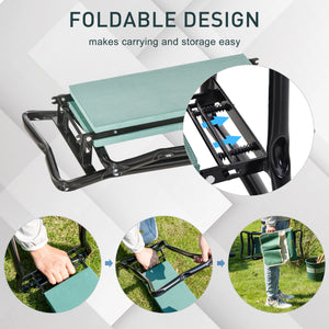 Folding garden bench and kneeler with foam seat, green