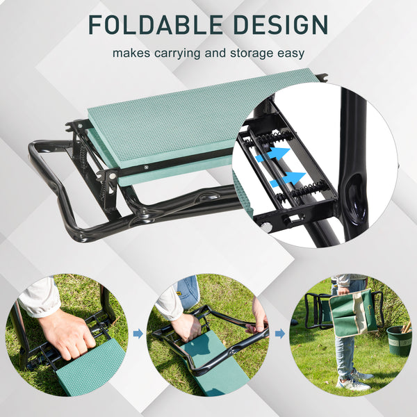 Folding garden bench and kneeler with foam seat, green