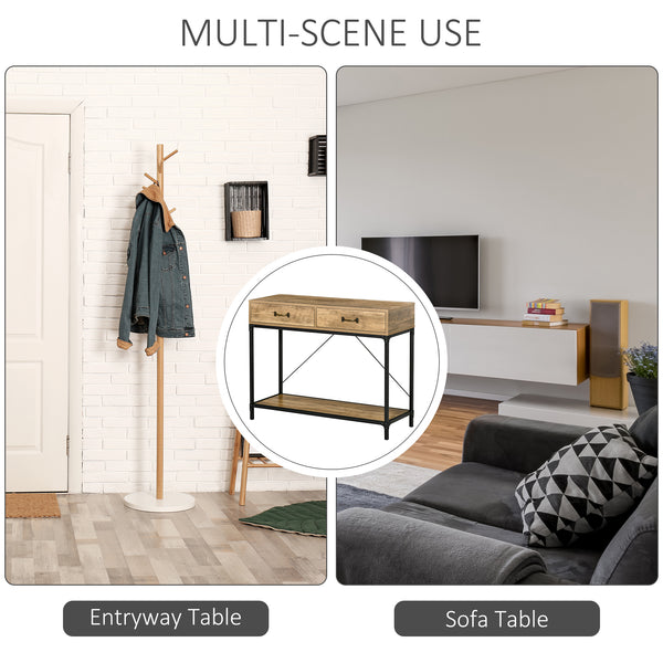 Entrance console table with drawers and storage shelf, brown