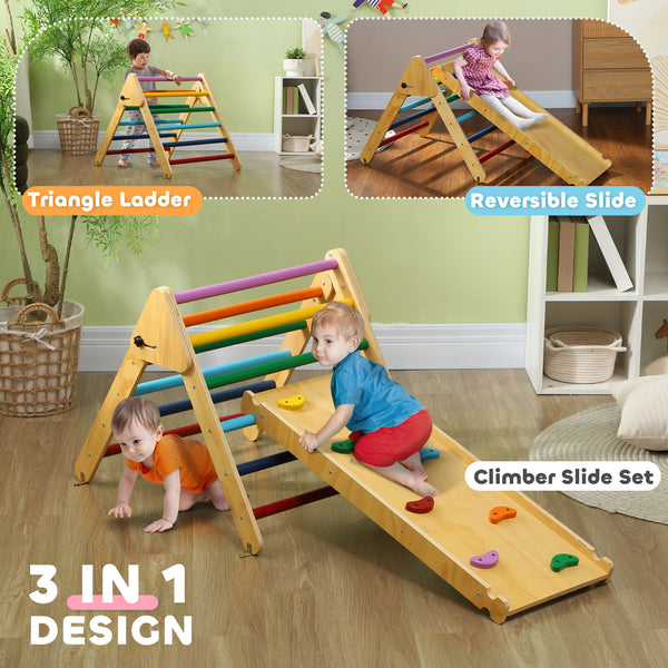 3-in-1 Multi-Colored Climbing Set with Ramp for Toddlers in Natural Wood