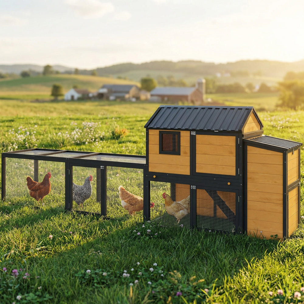 Large wooden chicken coop with run, nesting box, pull-out tray, waterproof roof, and access ramp.