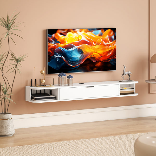 Floating wall-mounted TV unit for TVs up to 60 inches, with a drop-down drawer and 2 open shelves, white
