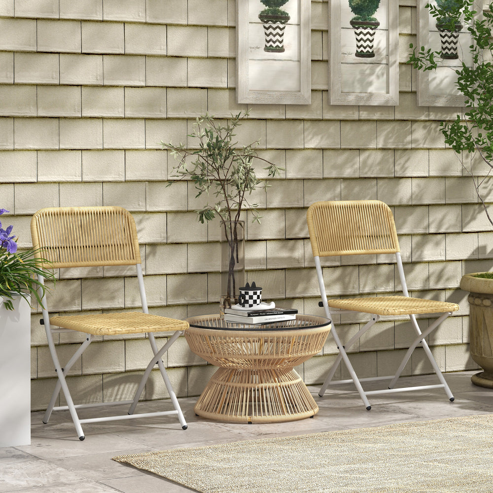 Rattan Outdoor Coffee Table, Patio End Table with Tempered Glass Tabletop & Steel Frame, Wicker Furniture, Nature Wood