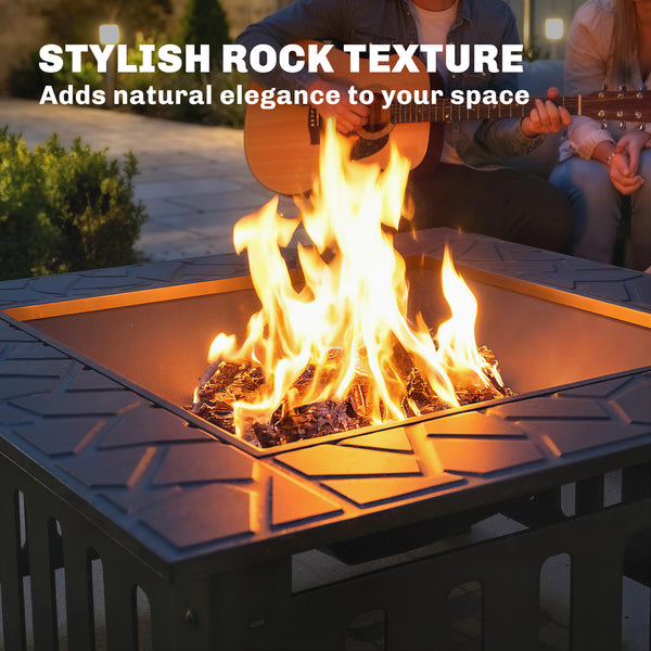 Outdoor Fire Pit with Poker, Square Steel Wood Burning Fire Pit with Mesh Cover, Fireplaces, Black