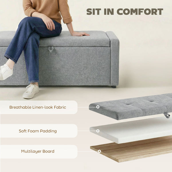 Storage ottoman bench, linen-look fabric upholstery, wide padded seat, light grey