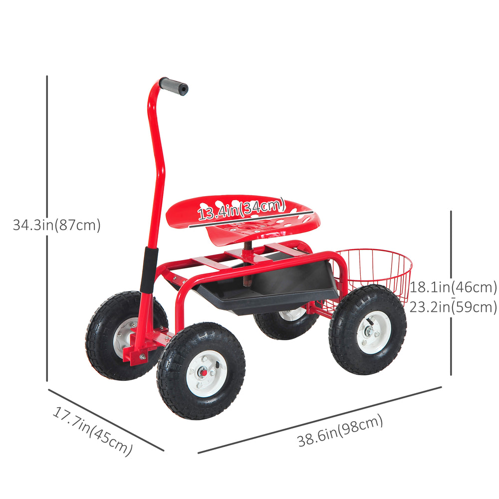 Red and black rolling trolley with swivel and adjustable seat