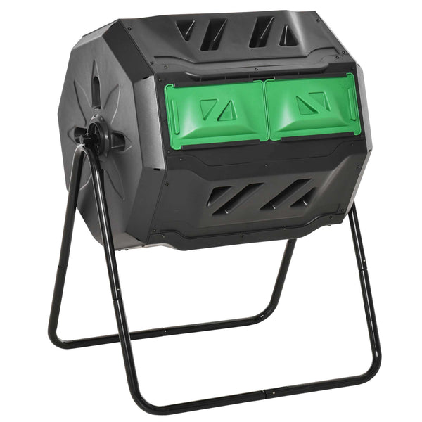 Rotating composter with double chamber, 360° rotation, green