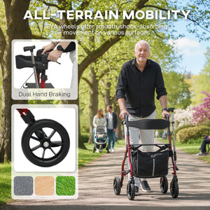 Foldable rollator walker with seat for seniors, lightweight with wheels and adjustable handles, red