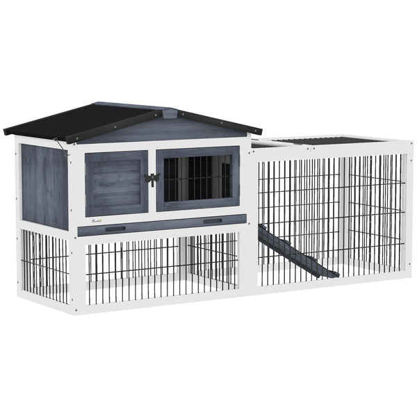 Dark grey wooden hutch with ramp, opening roof and pull-out tray