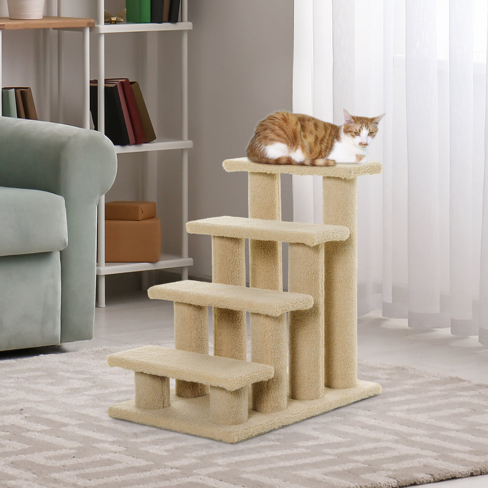 4-Tier Pet Staircase with Scratching Post, Cream White