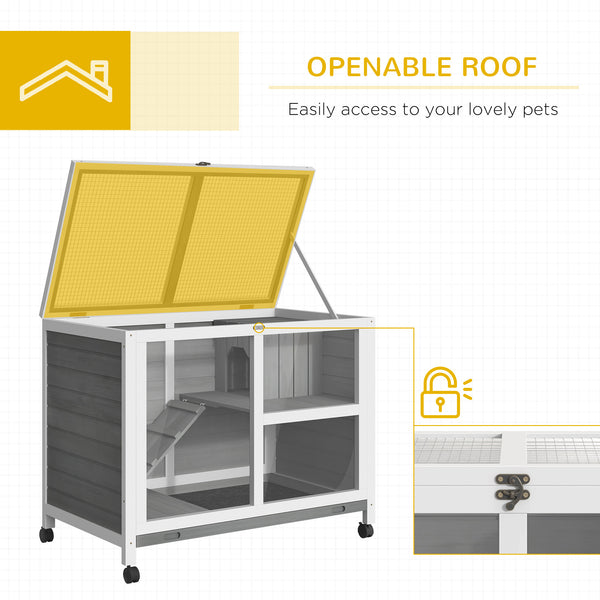 Indoor Rabbit Hutch with Wheels, Bunny Cage Guinea Pig House W/ Top Access, Ramp, Pull Out Tray, Grey