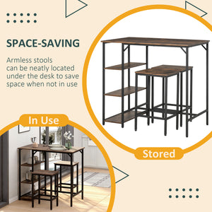 Industrial style kitchen table and chairs set for 2 people, including a bar table and stools, rustic brown.