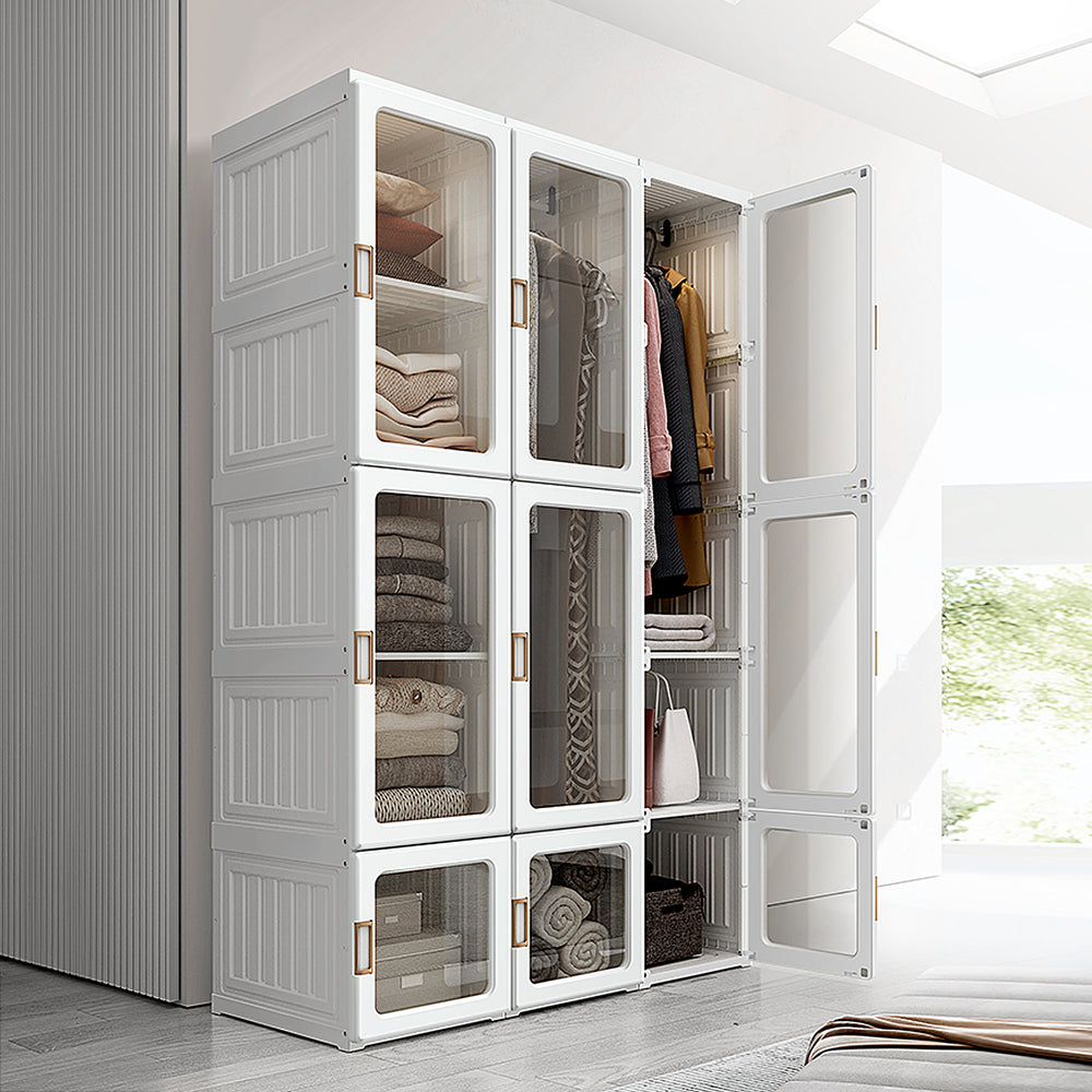 Foldable and portable wardrobe with cube storage, hanging rails, and magnetic doors, white