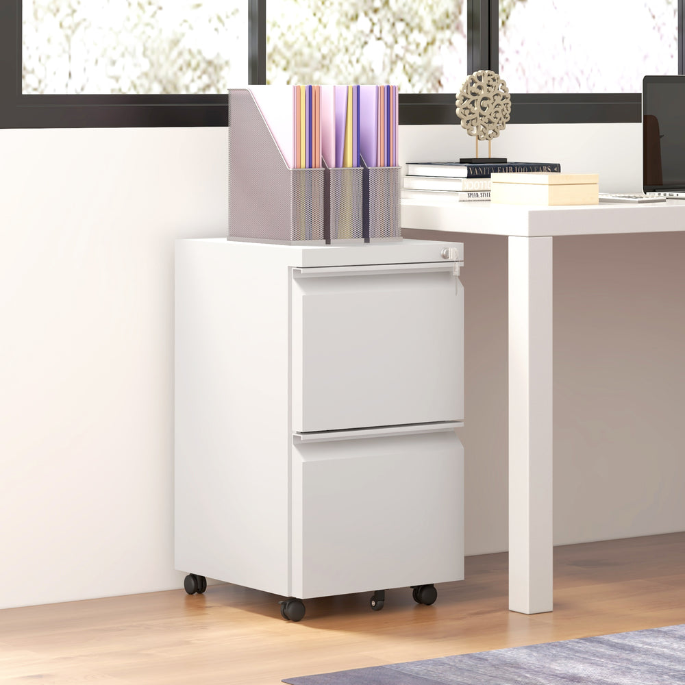 2-drawer mobile vertical file cabinet with lock and adjustable hanging bar for Letter, A4 and Legal sizes, white