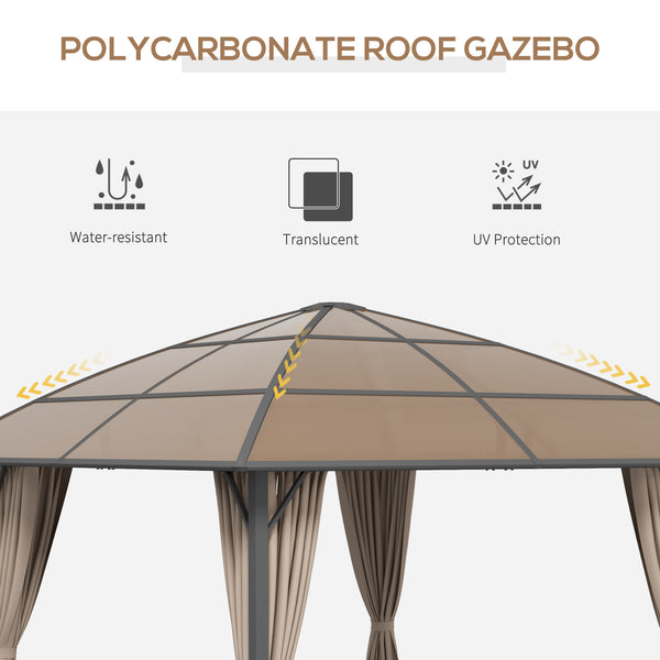 10' x 10' Outdoor Hardtop Gazebo Canopy with UV60+ Polycarbonate Roof, Steel Frame, Central Hook, Curtains, Khaki