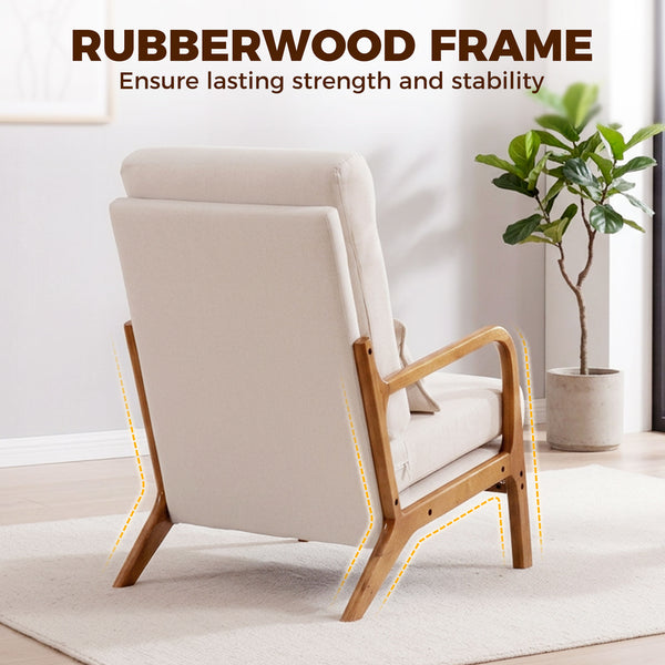 Fauteuil d'appoint moderne en lin avec coussin lombaire, dossier haut, assise large, coussin épais, structure en bois massif, blanc crème