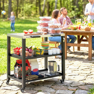Outdoor kitchen trolley with stainless steel top, 2 shelves with lockable wheels