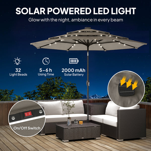 2.83m Patio Umbrella with Solar LED Lights, Cover, 3-Tier with Tilt and Crank, Grey