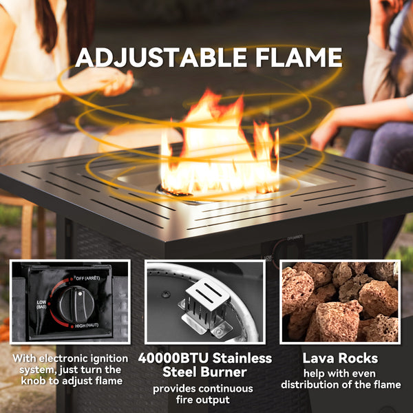 Square gas fire pit, smokeless, with cover, black