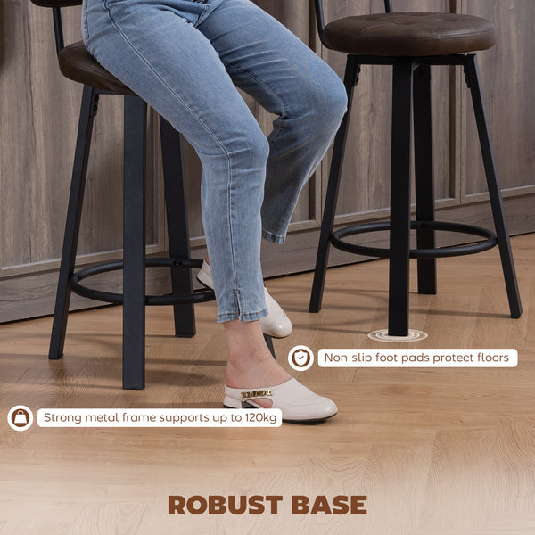 Set of 2 Upholstered Bar Stools with Footrests and Backrests for Kitchen Counter, Brown